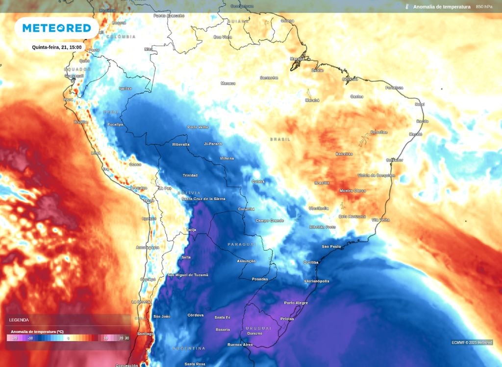 Mapa que mostra a atuação do ar frio nesta quinta-feira (21). Pulso mais intenso atua sobre o Rio Grande do Sul e Santa Catarina.