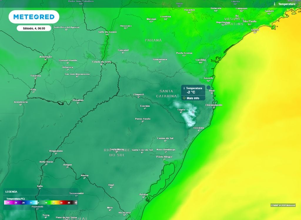Temperatura mínima. Mínima prevista para o amanhecer deste sábado (4). O modelo ECMWF indica temperaturas negativas entre SC e RS.