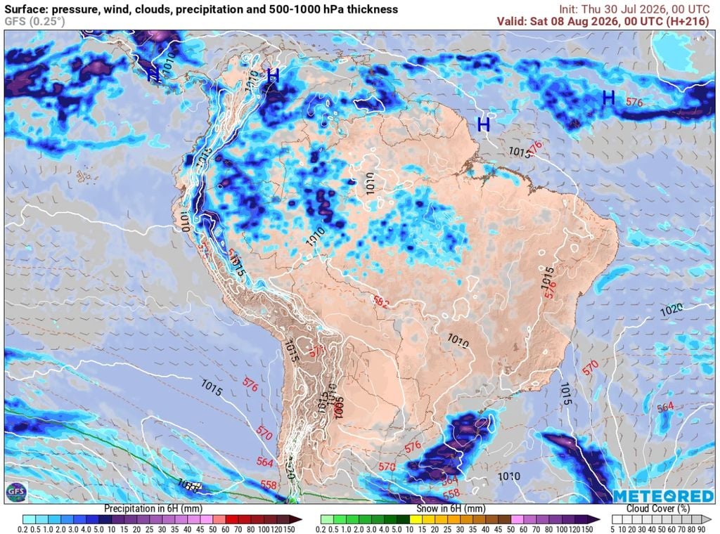 Previsão de precipitação no sábado (8) mostra a tendência de chuvas em boa parte do Sul do Brasil. Previsão de precipitação no sábado (8) mostra a tendência de chuvas em boa parte do Sul do Brasil.