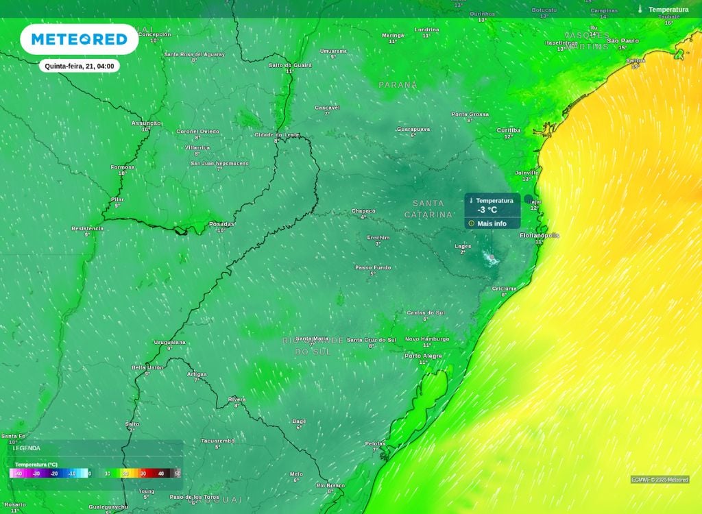 Mínima prevista para esta quinta-feira (21). Temperatura mínima prevista para a quinta-feira (21) no Sul do Brasil. Previsão indica temperaturas negativas nas áreas de serra.