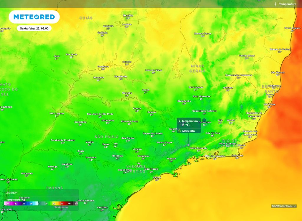 Mínima prevista para esta sexta-feira (22). Temperatura mínima prevista para a sexta-feira (22) no Sudeste do país. A previsão é de temperaturas abaixo dos 5°C nas regiões mais altas da Serra da Mantiqueira.