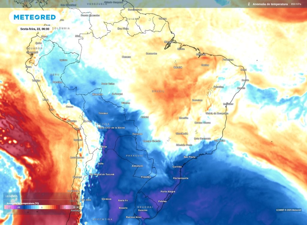 Anomalia de temperatura em 850 hPa. Mapa de anomalia de temperatura em 850 hPa apresenta a presença da massa de ar frio sobre o Sul, Sudeste, Centro-Oeste e Norte do Brasil.
