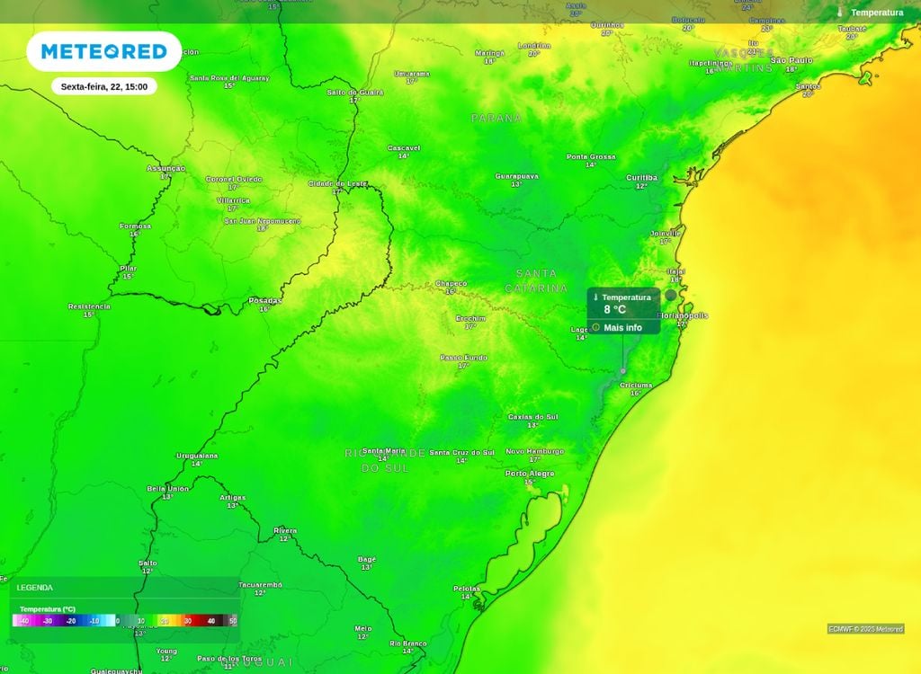 Temperatura máxima prevista para sexta-feira (22). Temperatura máxima prevista para a tarde de sexta-feira (22), mostra temperaturas que não superam os 15°C grande parte da Região Sul..