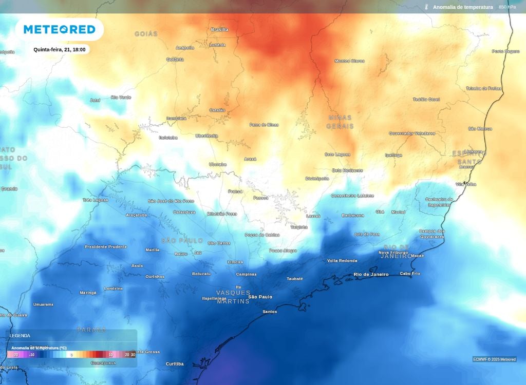Massa de ar frio. Ar polar atuando sobre o Sudeste no início da noite de quinta-feira (21).