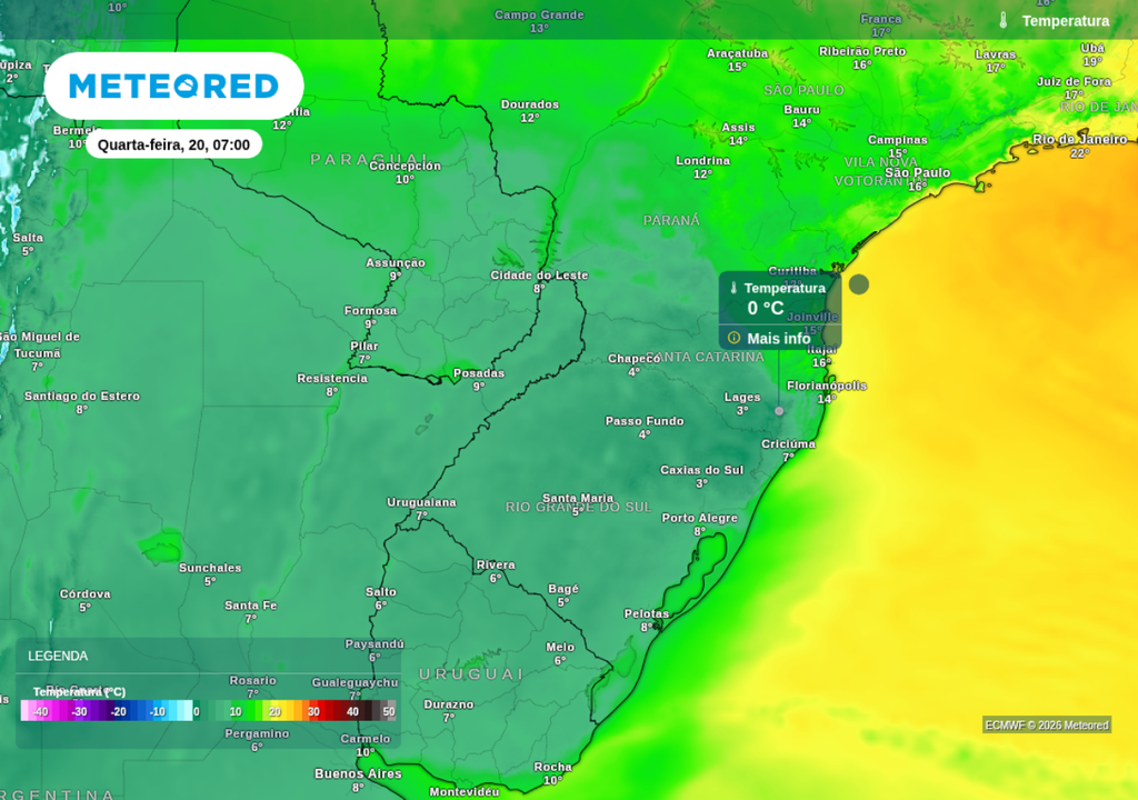 Previsão de temperatura mínima para quarta-feira (19), segundo o ECMWF. Previsão de temperatura mínima para quarta-feira (19), segundo o ECMWF.