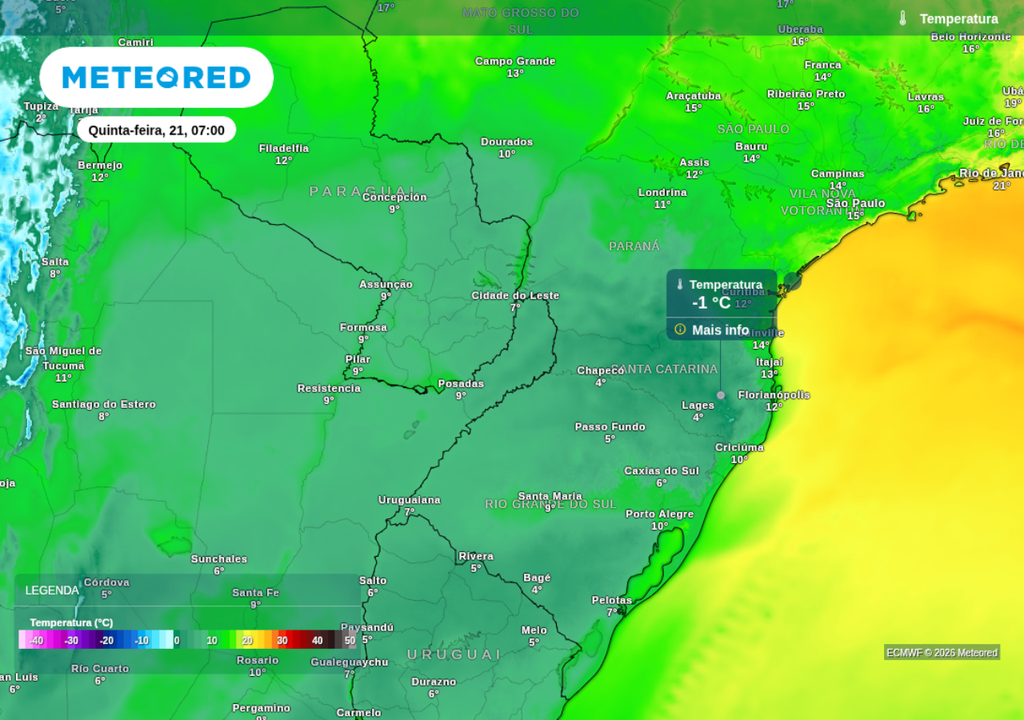 Previsão de temperaturas mínimas para quinta-feira (21), segundo o ECMWF. Previsão de temperaturas mínimas para quinta-feira (21), segundo o ECMWF.