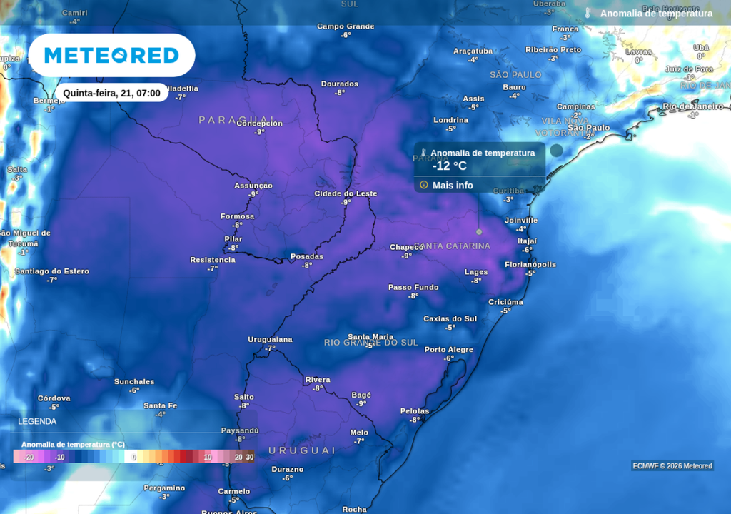 Previsão de anomalia de temperatura mínima para quinta-feira (21), segundo o ECMWF. Previsão de anomalia de temperatura mínima para quinta-feira (21), segundo o ECMWF.