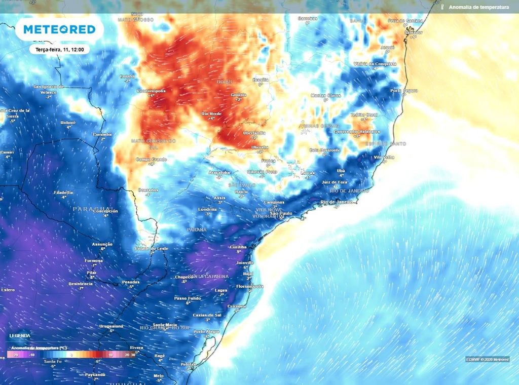 Anomalias da temperatura do ar no nível de 850 hPa mostra a abrangência da massa de ar frio que atuará na próxima semana sobre boa parte da Região Sudeste do Brasil.