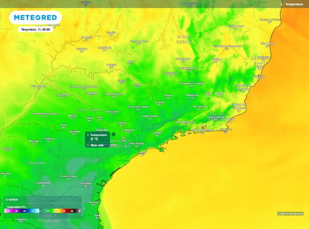 Previsão da temperatura mínima do ar (°C) para terça-feira (11), segundo o modelo europeu ECMWF.