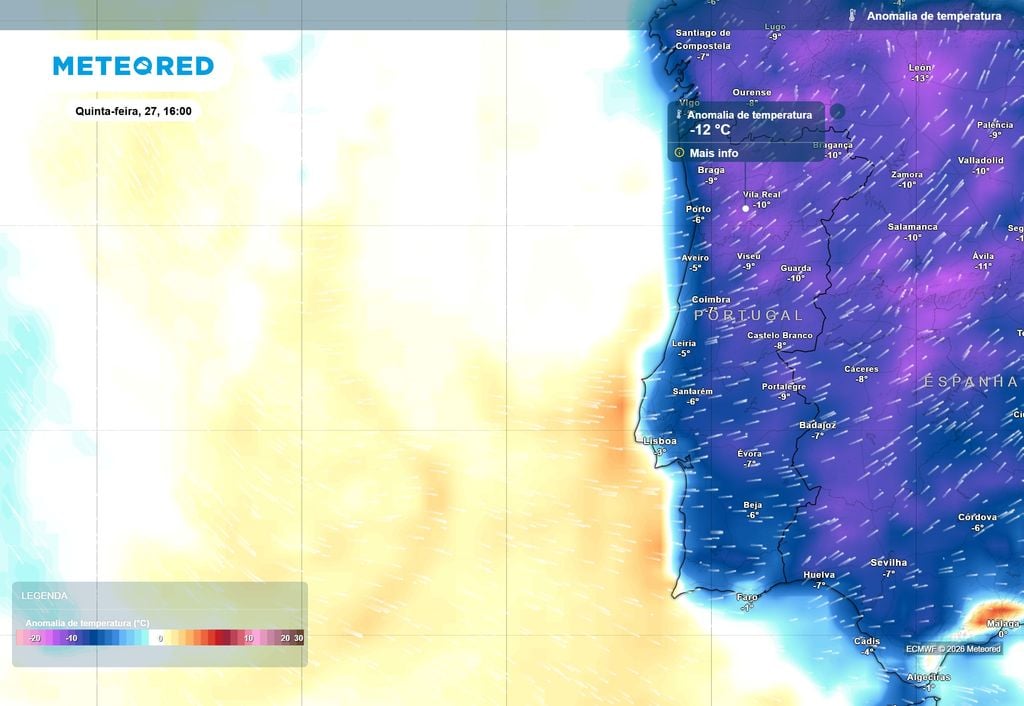 Para quinta-feira (27) preveem-se anomalias térmicas negativas de norte a sul do território, sendo muito significativas de um modo geral. Algumas regiões deverão registar temperaturas até 12 ºC abaixo do normal para esta época do ano.
