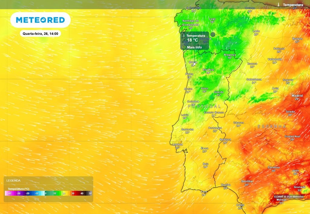 Temperatura do ar prevista às 14:00 de quarta-feira, 25 de agosto.
