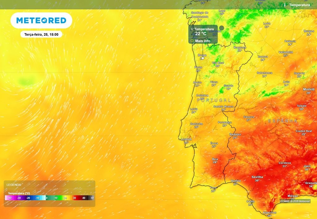 Temperatura do ar prevista para as 15:00 desta terça-feira, 25 de agosto.