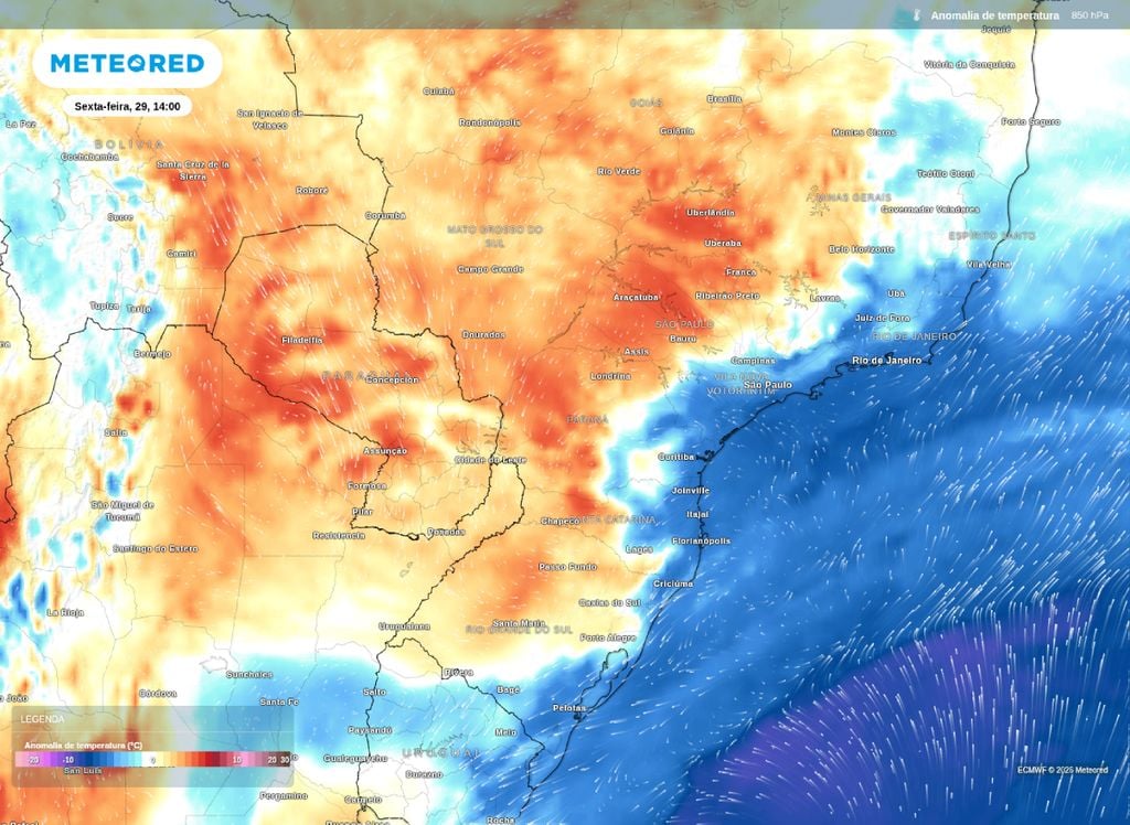 Anomalia de temperatura em 850 hPa. A previsão nos mostra o ar polar atuando sobre o leste do Sul e Sudeste do Brasil na tarde desta sexta-feira (29).