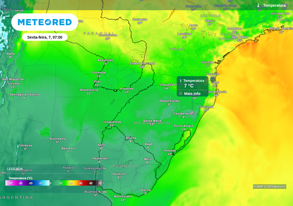Previsão de temperatura mínima nesta sexta-feira (7), segundo o ECMWF.