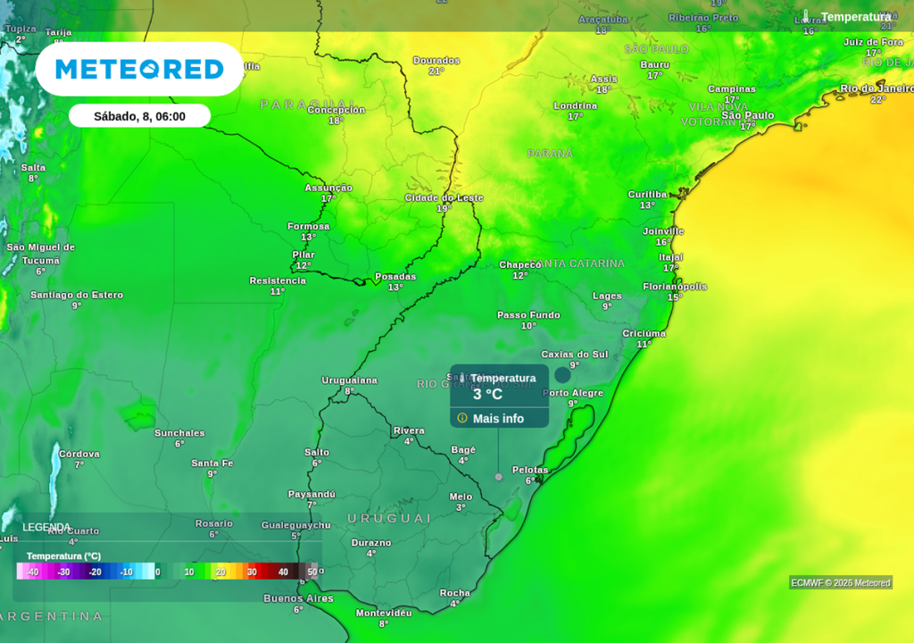 Previsão de temperatura mínima nesta sábado (8), segundo o ECMWF.