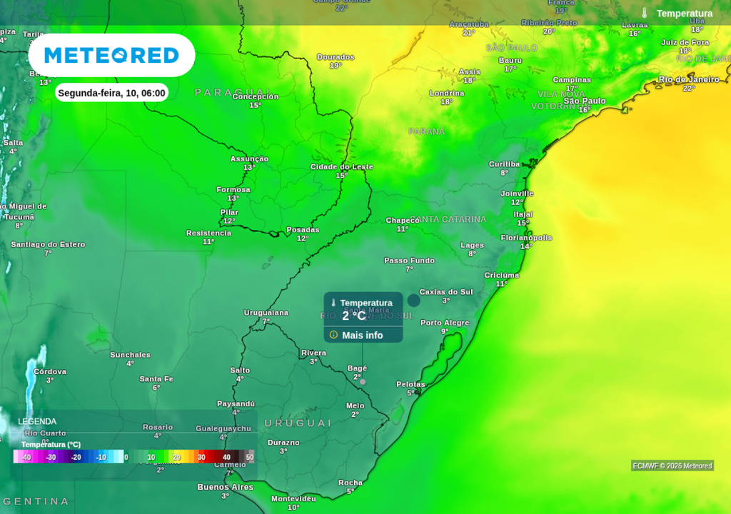Previsão de temperatura mínima para segunda-feira (10), segundo o ECMWF.