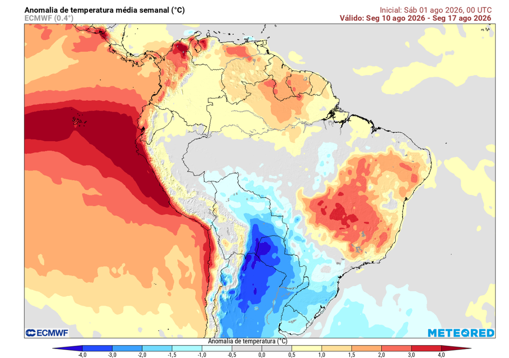 Previsão de anomalia semanal de temperatura entre 10 e 17 de agosto, segundo o ECMWF.