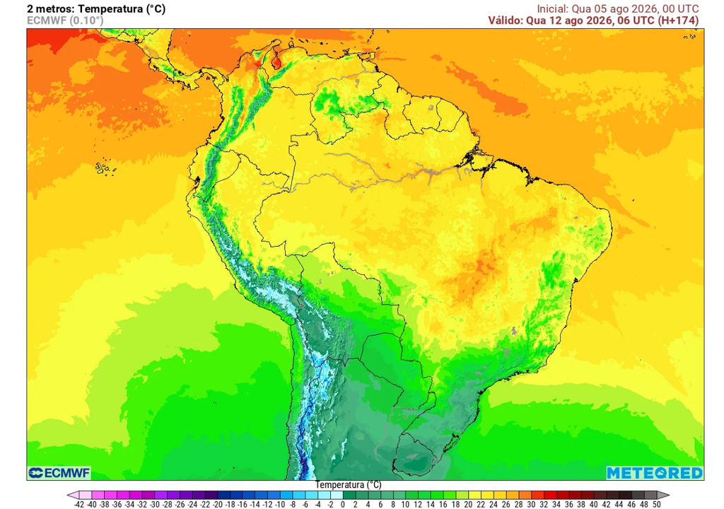 Previsão de temperatura para quarta-feira (12) mostra o avanço do ar frio sobre o Sudeste, segundo o ECMWF.