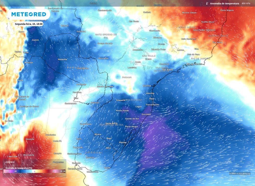 Anomalia de temperatura em 850 hPa. Anomalia de temperatura mostra a atuação do ar frio sobre áreas do Centro-Sul do Brasil.