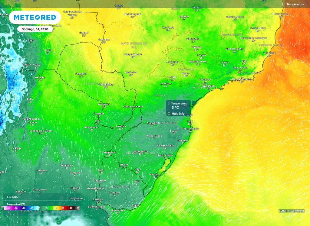Temperatura mínima prevista para a manhã de domingo (14). Temperatura mínima prevista para a manhã de domingo (14).