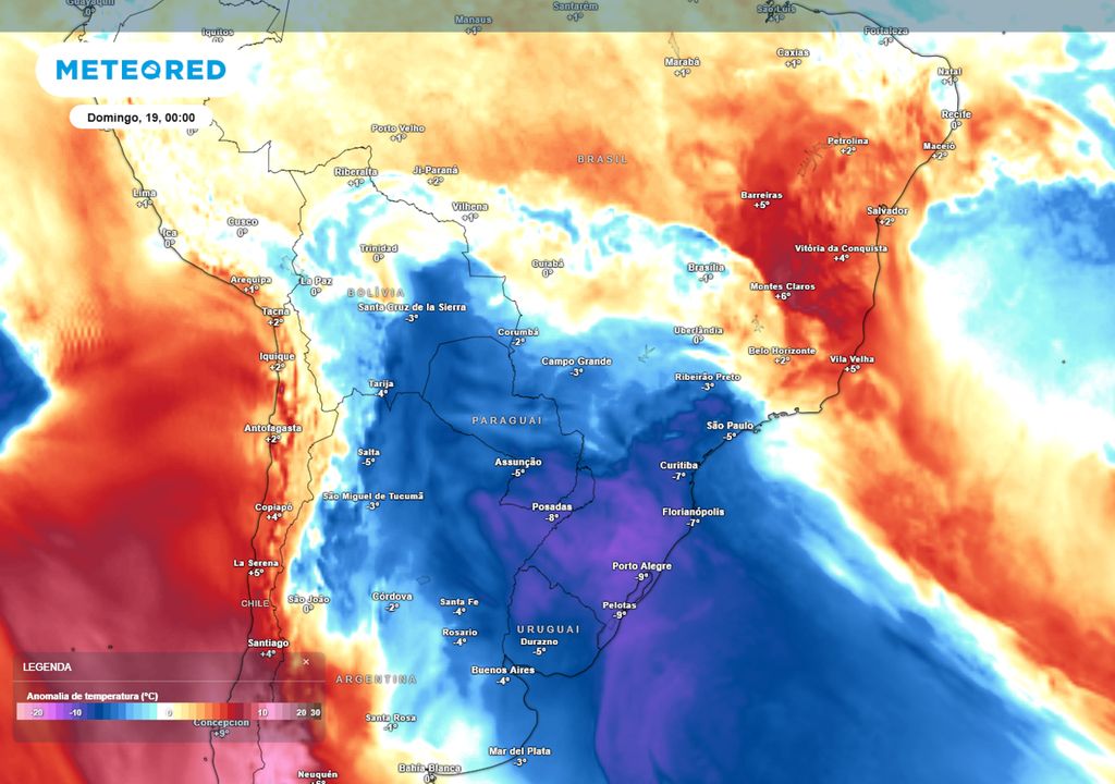 Previsão de anomalias de temperatura em 850 hPa no final do sábado. Previsão de anomalias de temperatura em 850 hPa no final do sábado.