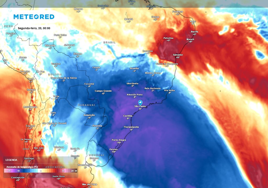 Previsão de anomalias de temperatura em 850 hPa no final do domingo. Previsão de anomalias de temperatura em 850 hPa no final do domingo.