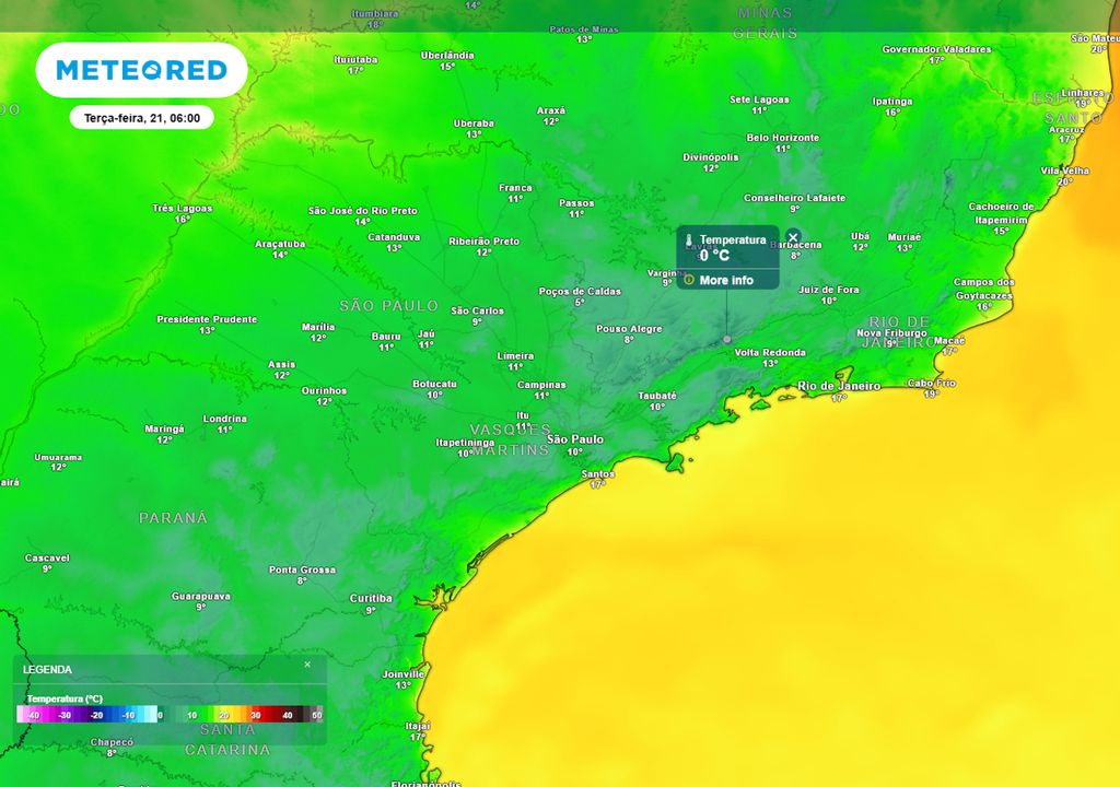 Previsão de temperaturas mínimas na terça-feira durante a madrugada. Previsão de temperaturas mínimas na terça-feira durante a madrugada.