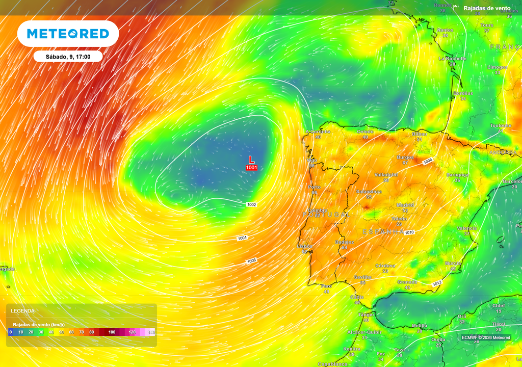 No sábado, a depressão a oeste da Península gera precipitação generalizada, descida das temperaturas máximas e rajadas moderadamente fortes, localmente até 70 km/h.