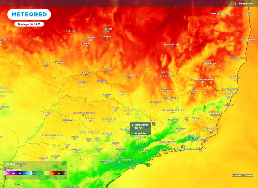 Temperatura máxima prevista para a tarde de domingo (10). Temperatura máxima prevista para a tarde de domingo (10).