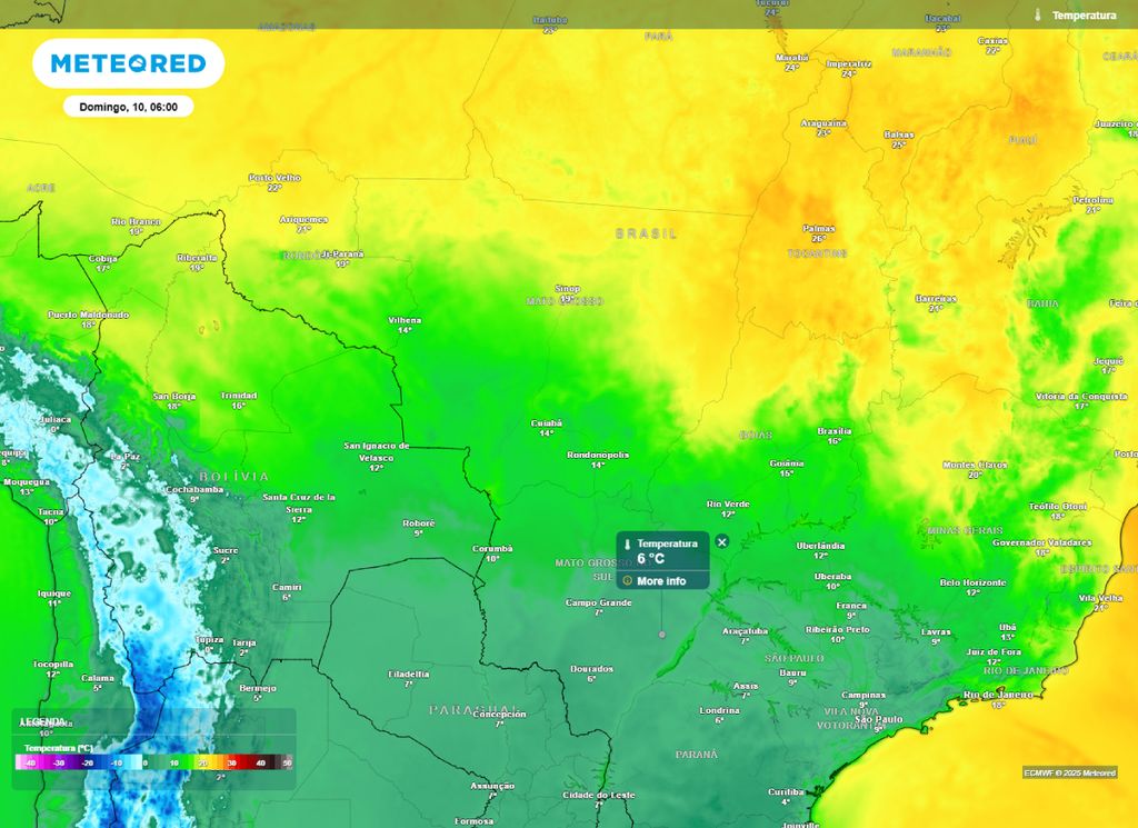 Temperatura mínima prevista para o domingo (10) no Centro-Oeste. Temperatura mínima prevista para o domingo (10) no Centro-Oeste.