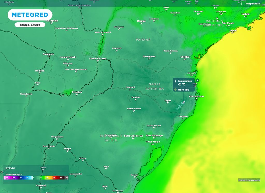 Temperatura mínima prevista para a Região Sul neste sábado (9). Temperatura mínima prevista para a Região Sul neste sábado (9).
