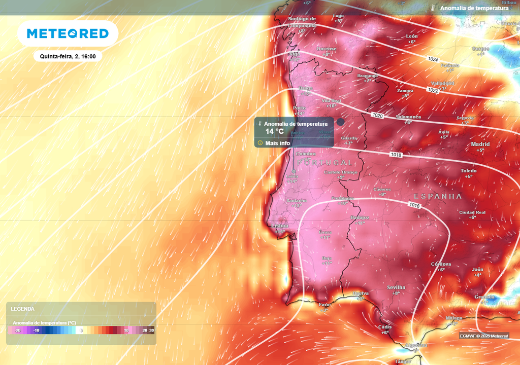 Na quinta-feira, 2 de julho, prevê-se que várias regiões do país registem temperaturas até 14 ºC acima dos valores médios de referência.