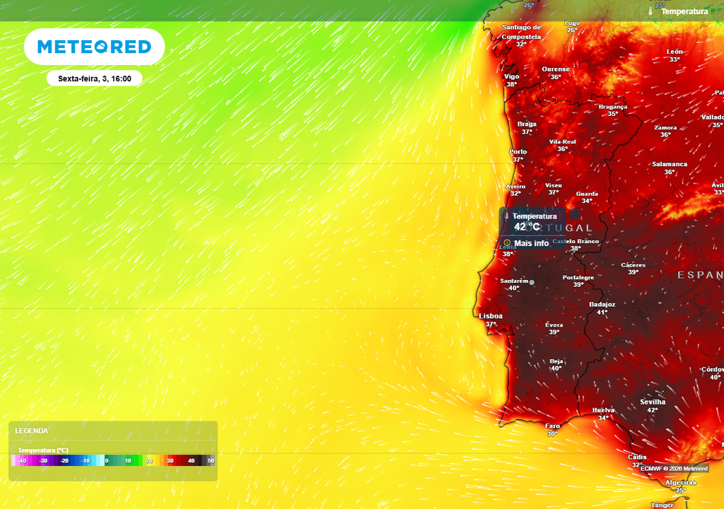 As temperaturas máximas mais elevadas na reta final da semana poderão atingir valores na ordem dos 42 ºC ou até mesmo 43 ºC nalguns locais, destacando-se especialmente as regiões situadas entre os rios Mondego e Guadiana.