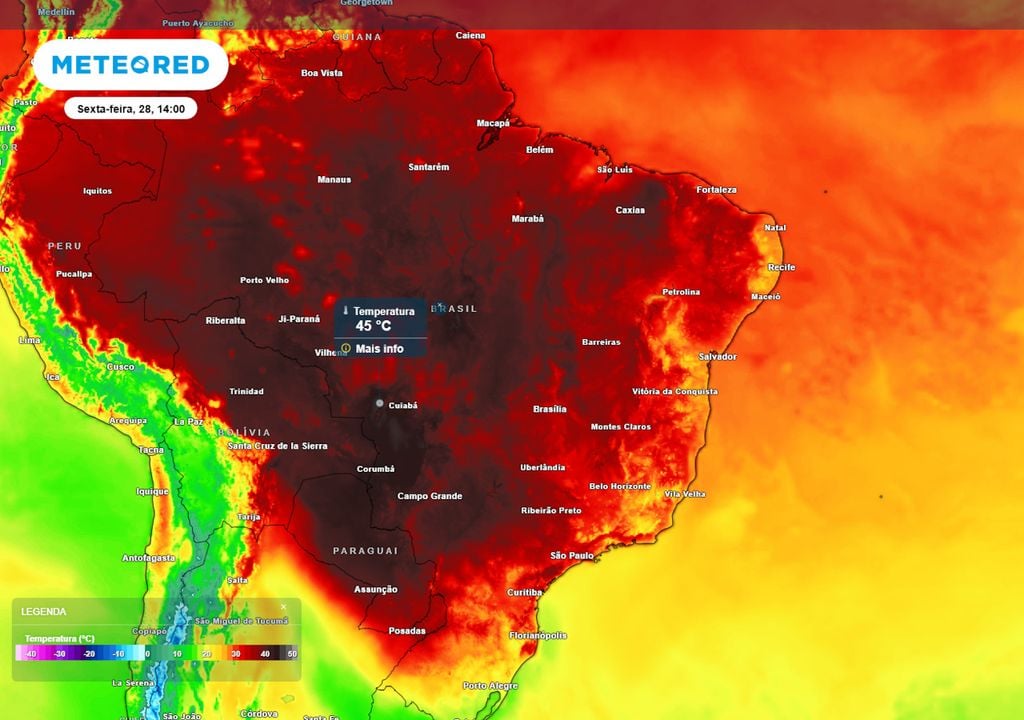 Previsão de temperaturas máximas na sexta-feira de tarde. Previsão de temperaturas máximas na sexta-feira de tarde mostra que partes do Mato Grosso e do Mato Grosso do Sul registrarão temperaturas de 45°C, e alguns locais registrando ainda mais.