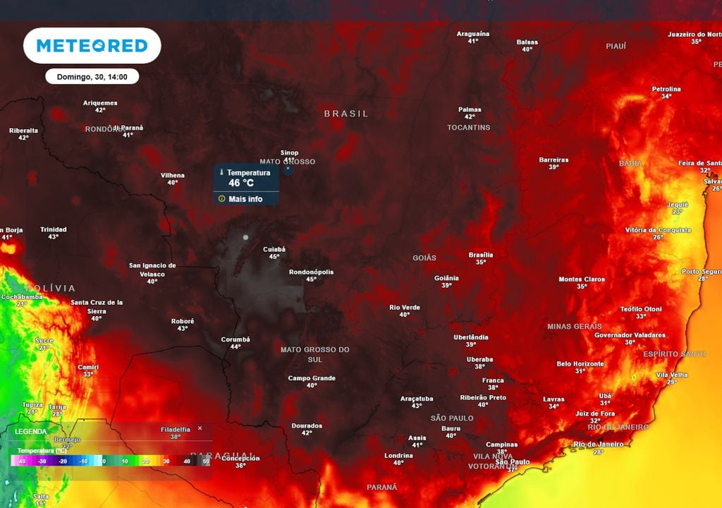 Previsão de temperaturas máximas no domingo de tarde. Previsão de temperaturas máximas no domingo de tarde mostra máximas entre 46°C e 47°C no Centro-Oeste, enquanto as temperaturas chegam a 45°C em parte do Sul e Sudeste.