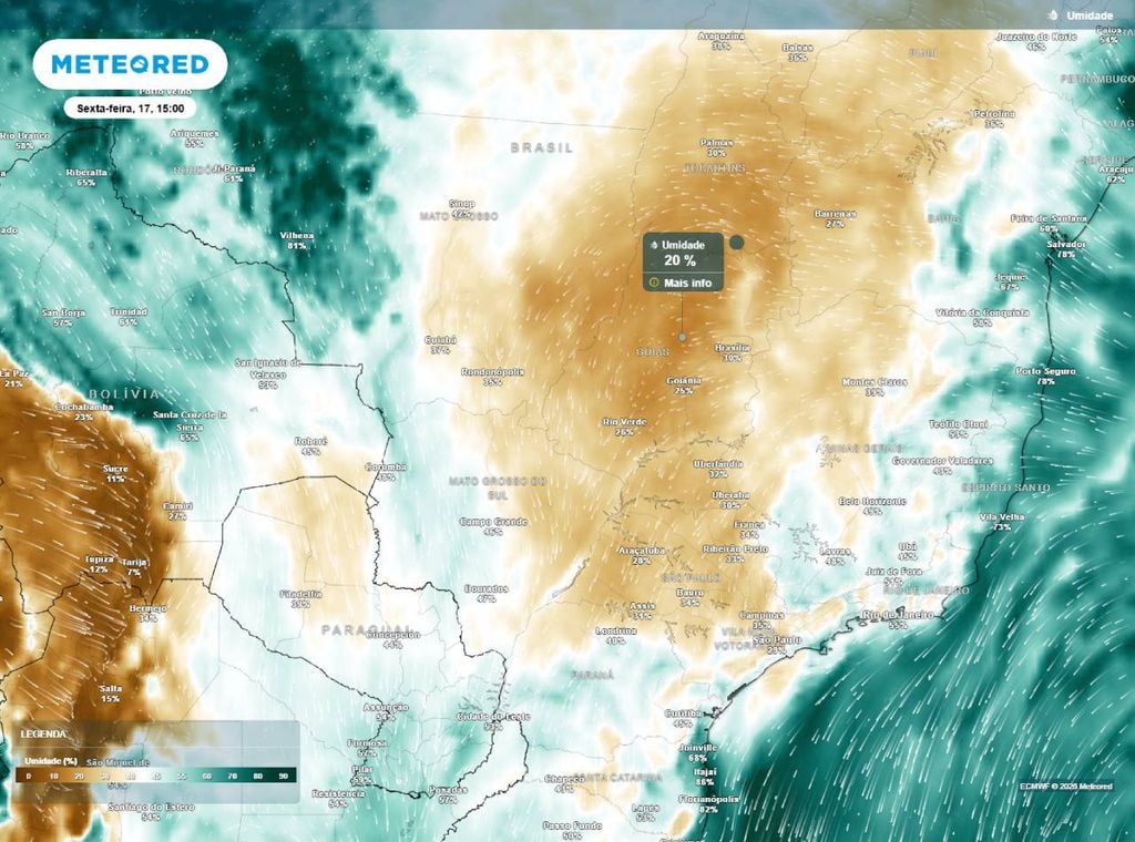 Previsão da umidade relativa do ar (%) para sexta-feira (17) à tarde (15h), segundo o modelo europeu ECMWF.