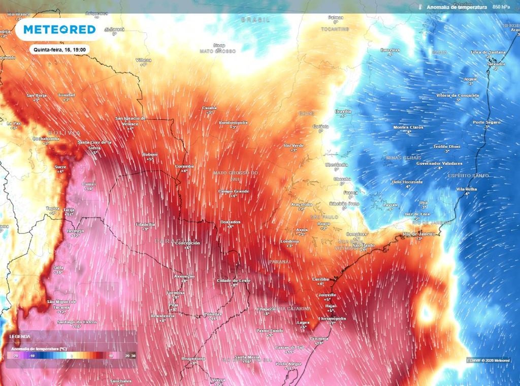 Anomalias de temperatura do ar (em °C) no nível de 850hPa mostram a atuação da massa de ar quente e seco nos próximos dias em várias regiões do Brasil.