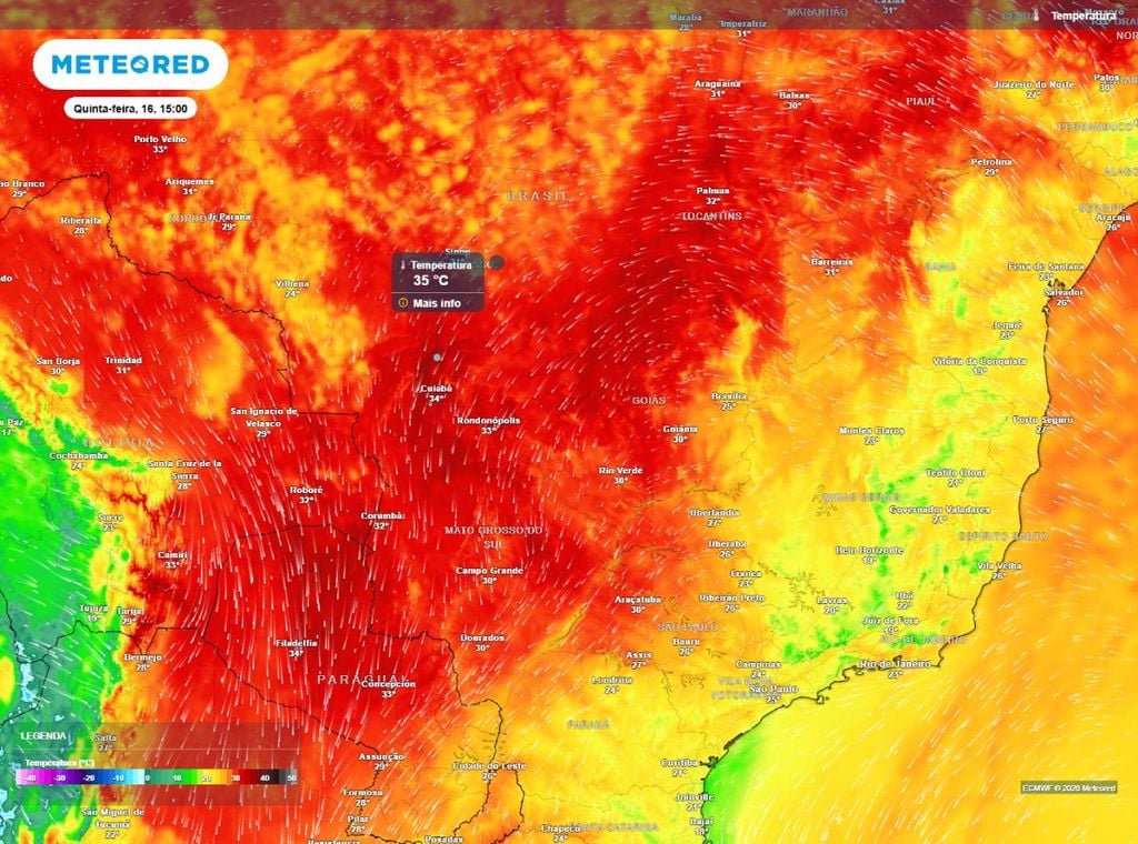 Previsão da temperatura máxima do ar (em °C) para quinta-feira (16), segundo o modelo europeu ECMWF.