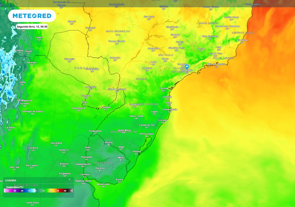 Previsão de temperaturas mínimas na segunda-feira mostra que o extremo sul do Rio Grande do Sul pode registrar temperaturas de 10°C ou menos, embora não haja risco de geadas.
