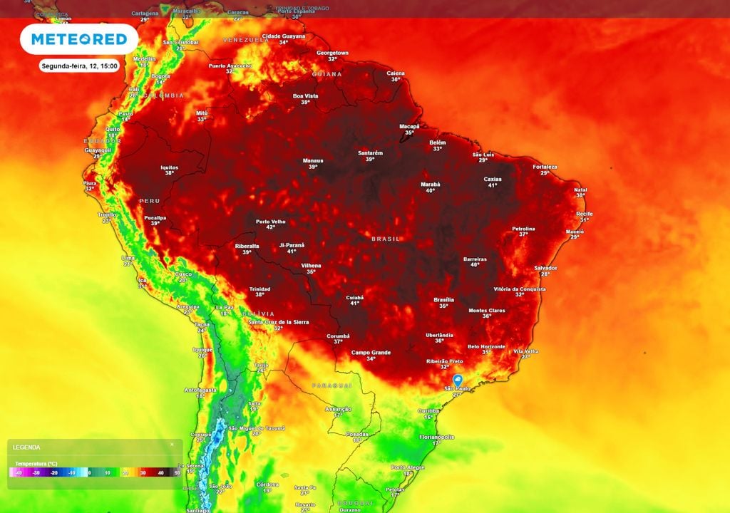 Previsão de máximas na segunda-feira mostra que grande parte do centro-norte do Brasil seguirá registrando temperaturas altíssimas, que passam dos 40°C em diversos estados.