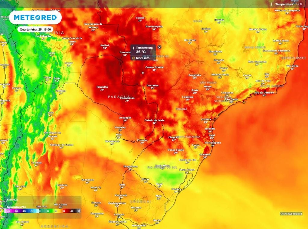 Previsão da temperatura do ar (em °C) para a tarde (15h) de quarta-feira (25).