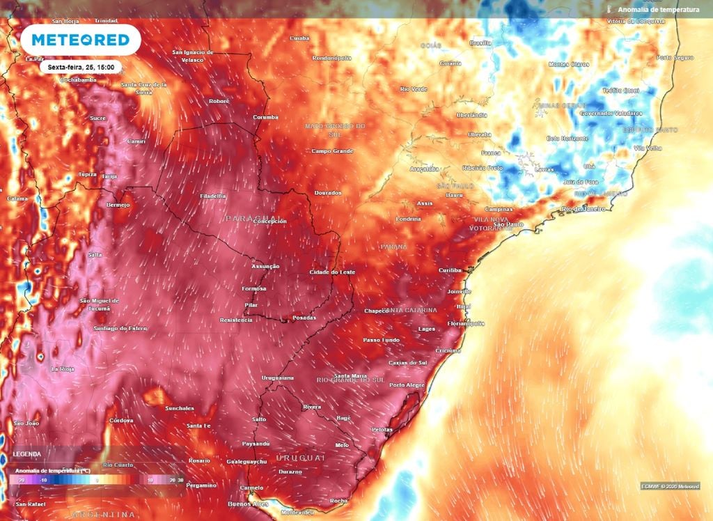 Anomalia de temperatura A tarde desta sexta-feira (25) terá temperaturas acima da média em grande parte do Centro-Sul do Brasil. Especialmente no RS, em que a máxima pode ficar até 10°C acima da climatologia.