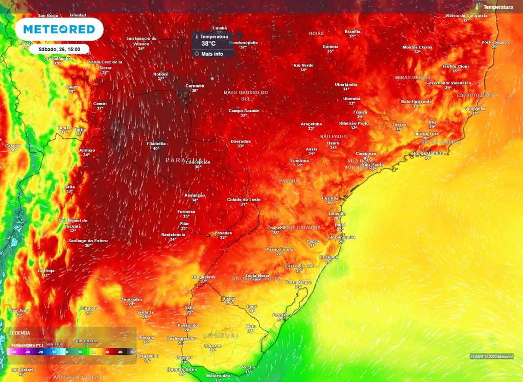 Temperatura sábado Temperatura prevista para a tarde de sábado (26), de acordo com o modelo ECMWF.