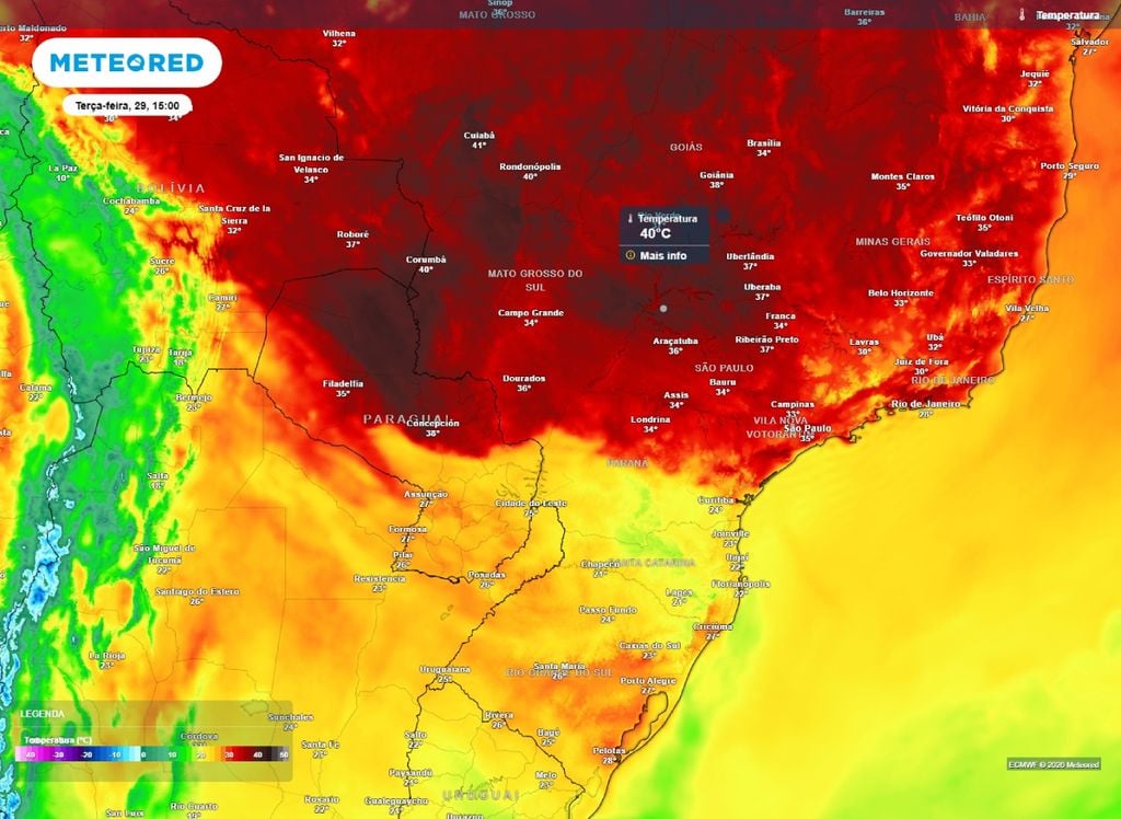 Máxima prevista para terça-feira (29) Temperatura máxima prevista para a terça-feira (29). Termômetros podem atingir 40°C em diversos pontos do Centro-Sul do Brasil.