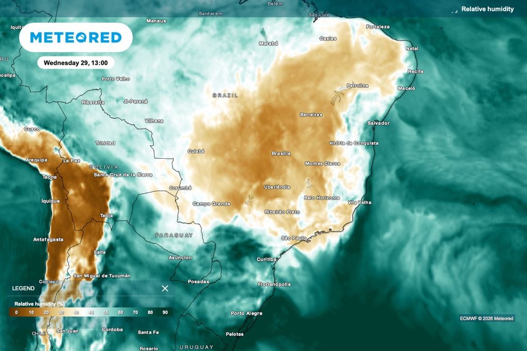 Umidade relativa cai para perto de 20% na tarde de quarta-feira (29) em uma ampla faixa do Centro-Oeste, Sudeste e interior do Nordeste.