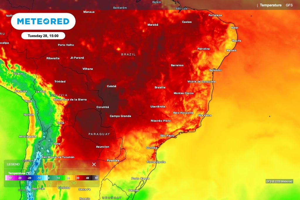Calor se intensifica na terça-feira (28), com temperaturas próximas ou superiores a 40°C em áreas do Centro-Oeste e do Norte.
