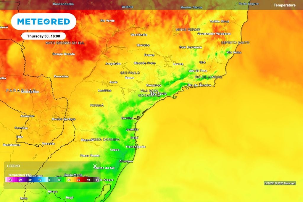 Ar mais frio reduz as temperaturas no leste de São Paulo na quinta-feira (30), enquanto o calor persiste em Mato Grosso do Sul e no interior do Sudeste.