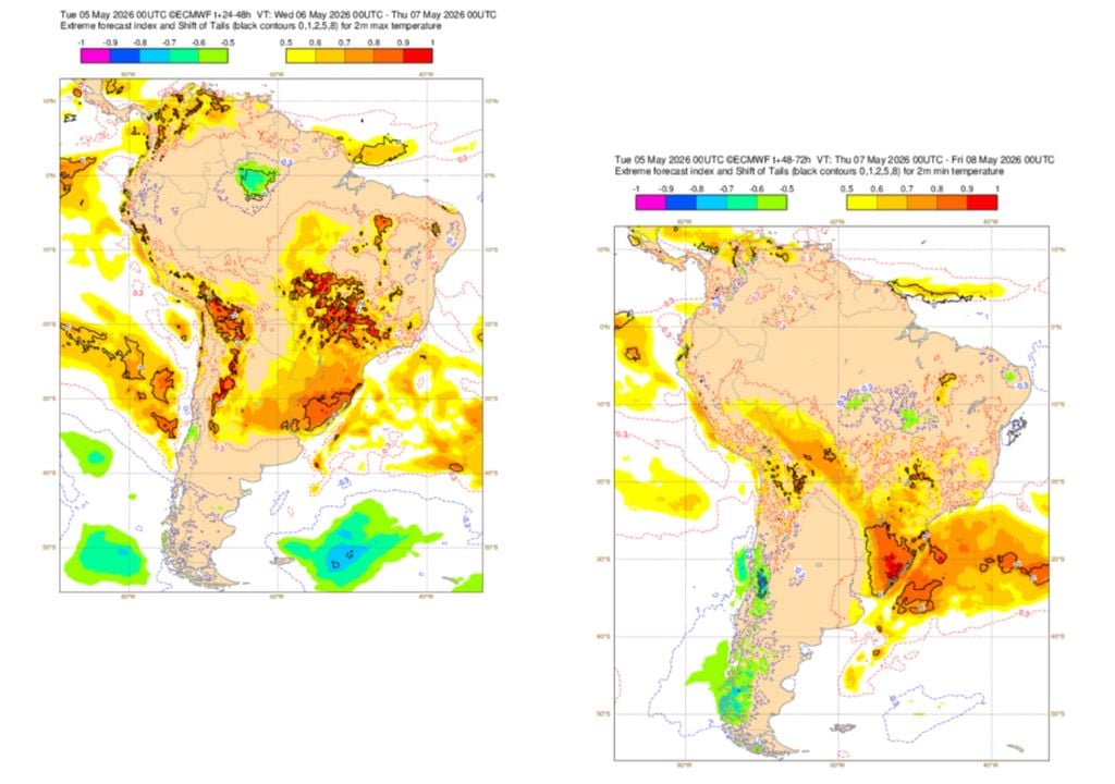 EFI para temperatura máxima desta quarta-feira (6, esquerda) e para a temperatura mínima desta quinta (7, direita). Fonte: ECMWF.