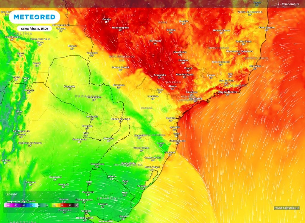 Temperatura prevista para a sexta-feira (8), mostra o avanço e a queda nas temperaturas após passagem de frente fria.