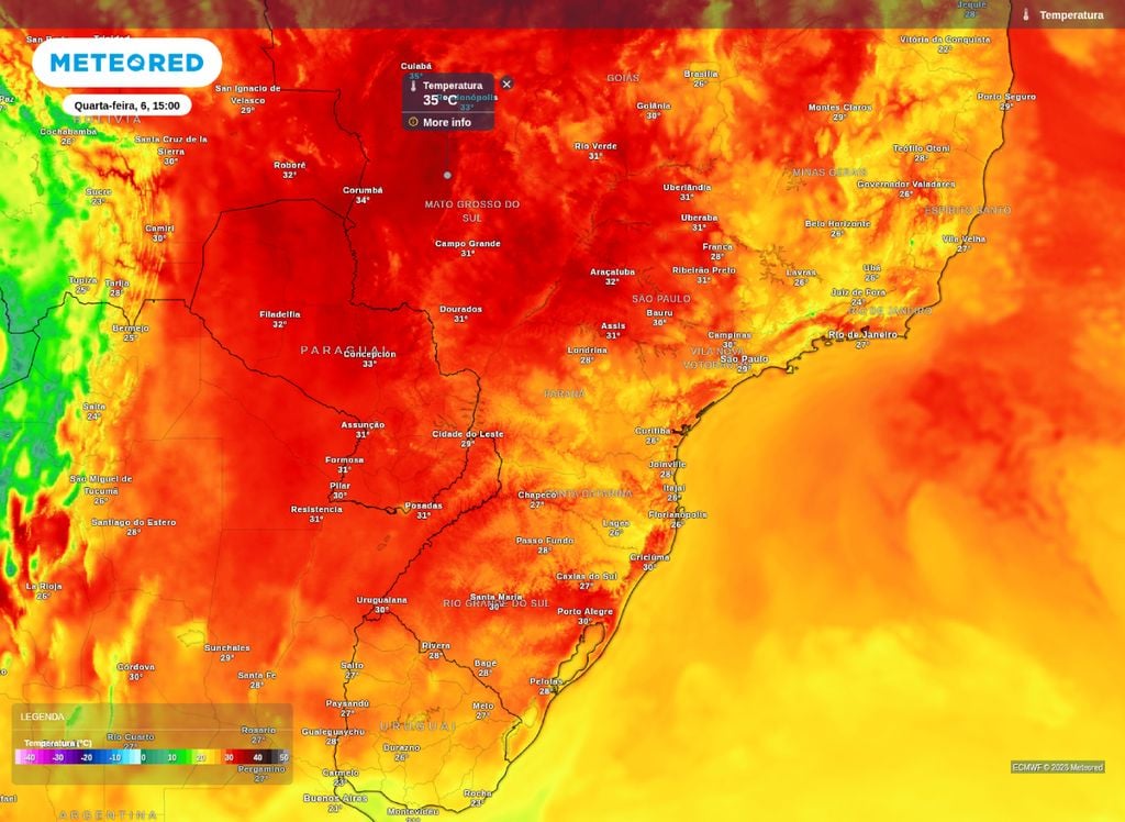 Máxima prevista para a tarde desta quarta-feira (6), mostra temperaturas elevadas de forma generalizada.